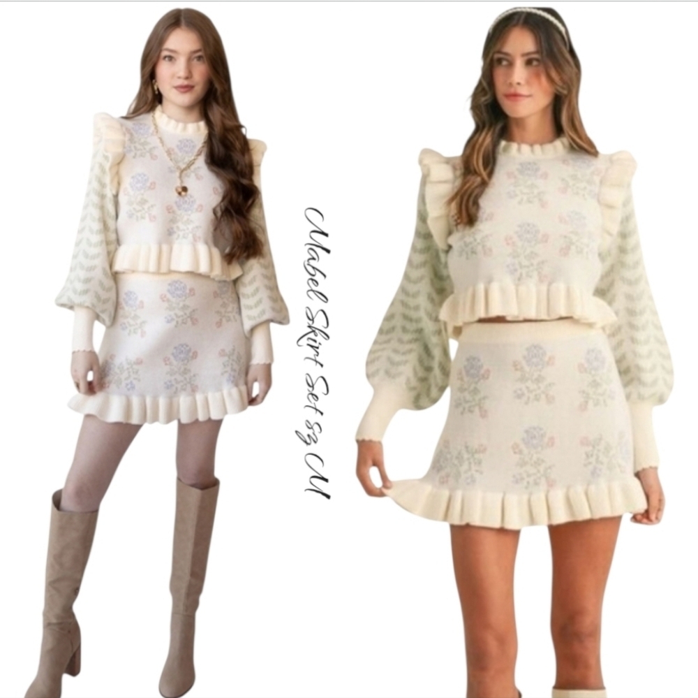 NWT MABLE Claire Pastel Floral Knit Ruffle Sweater Skirt Set M